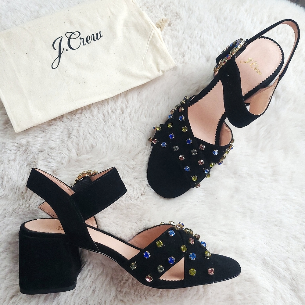 J Crew Penny Velvet Suede Jewelled Embellished Block Heel Sandal
